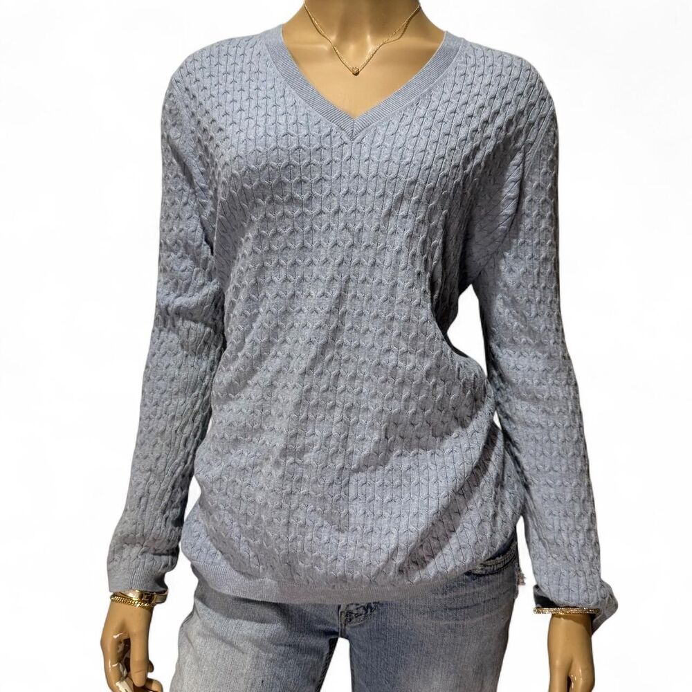 Tommy Hilfiger Cable Knit Sweater Womens Large Pastel Blue V Neck Top Preppy